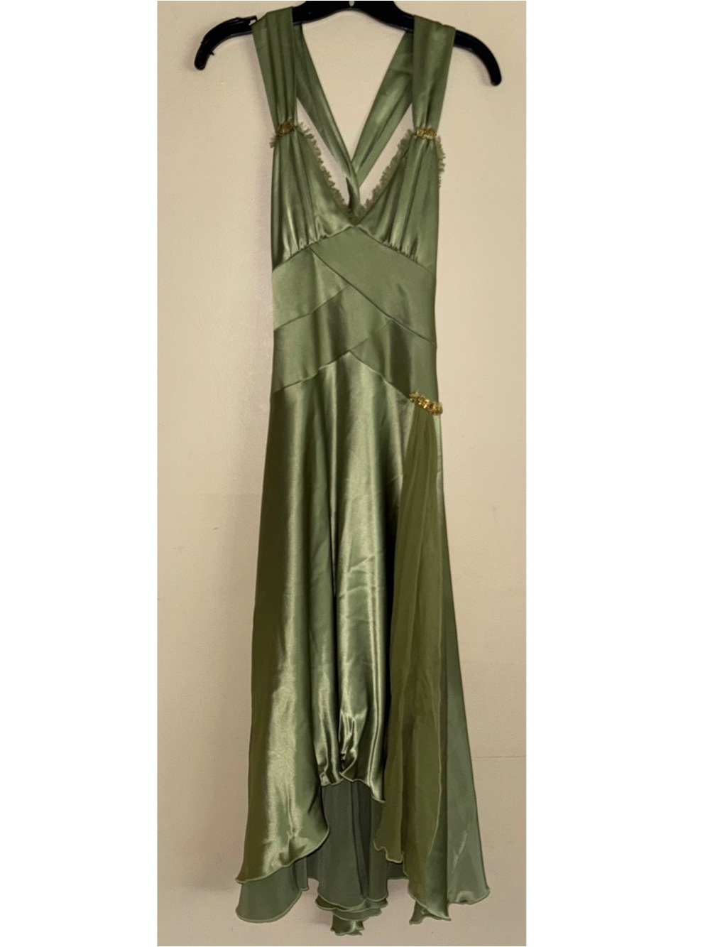 Vintage Cache Green High Low Midi Silk Lustrous Sheen Satin Dress Size 4